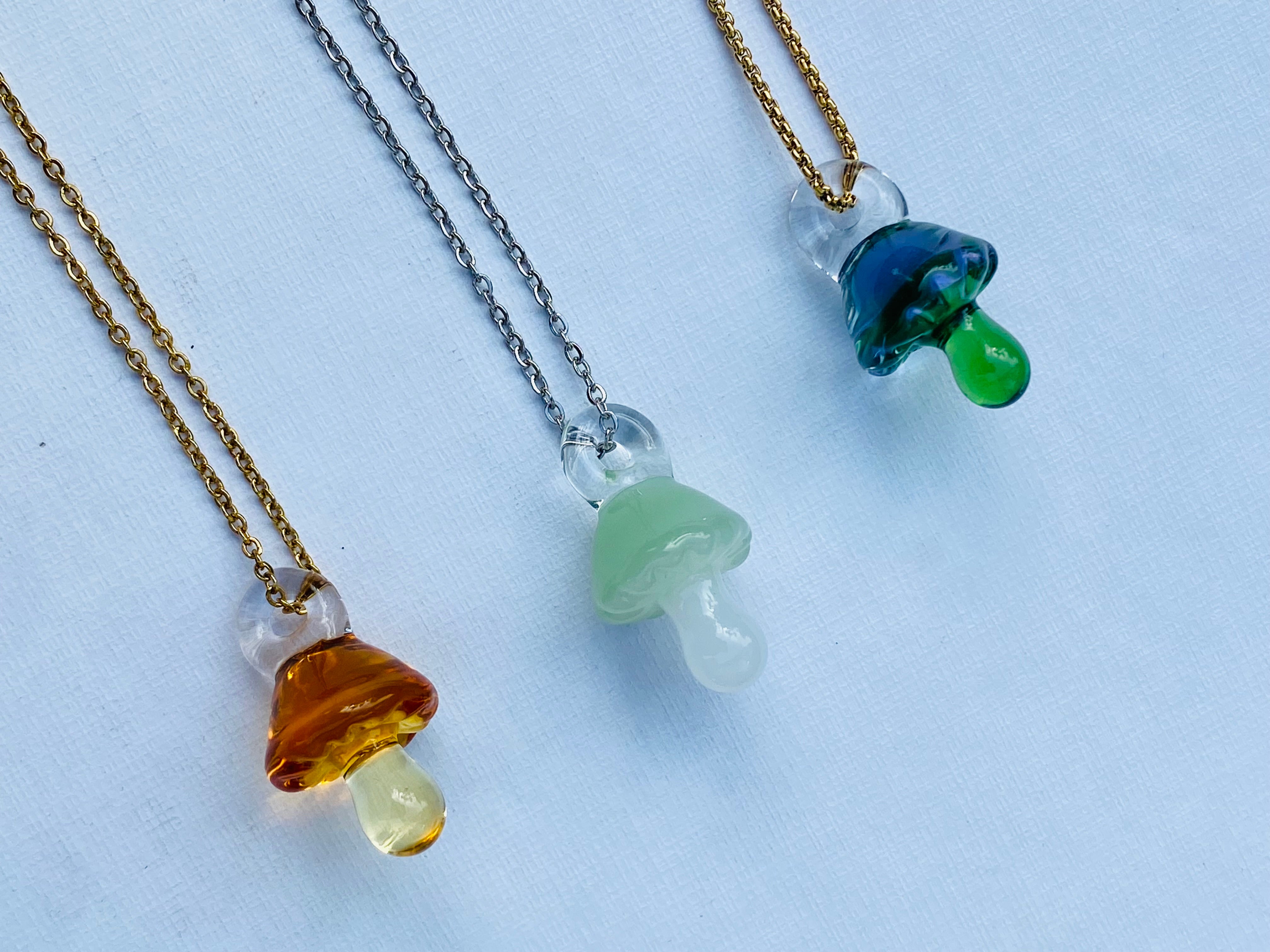 Two Coloured Glass Mushroom Pendant Necklace