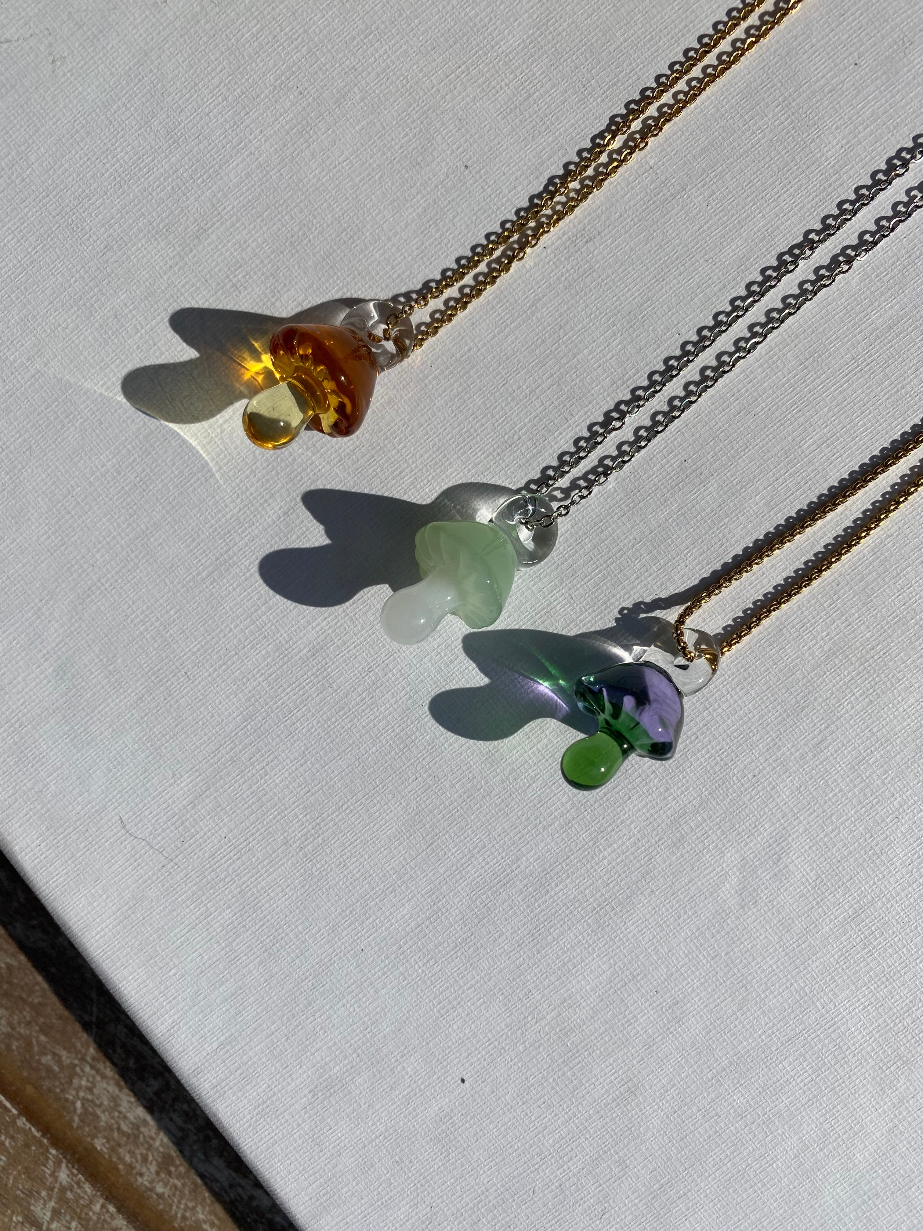 Two Coloured Glass Mushroom Pendant Necklace